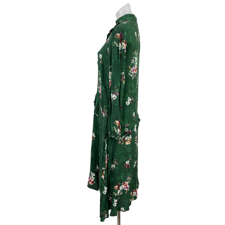 H&M Womens Green Floral Ruffle Mock Neck Long Sleeve Drop Waist Midi Dress Sz 4