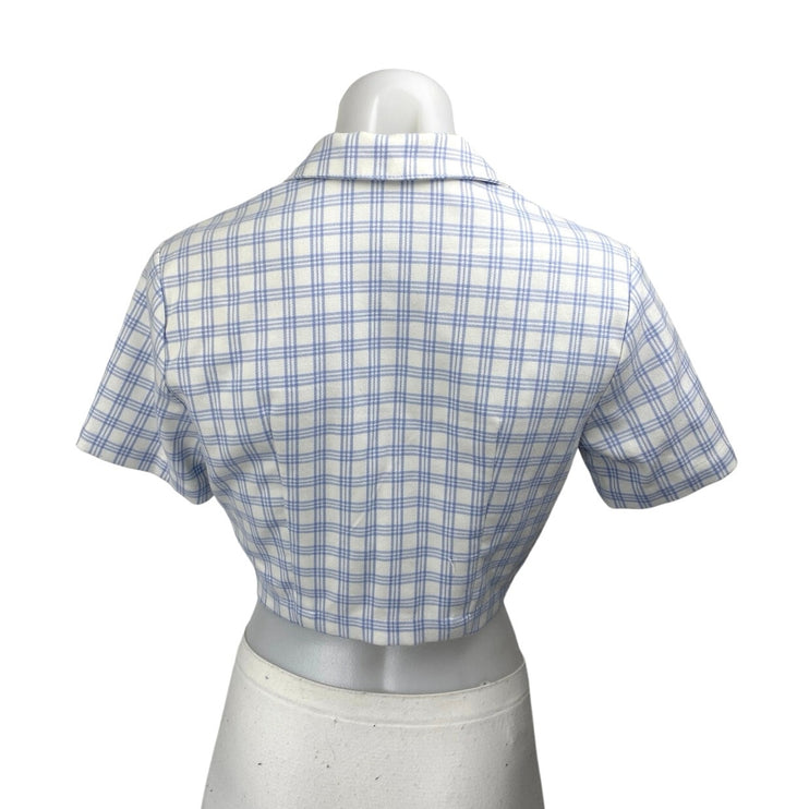 Brandy Melville Women's Blue White Plaid Short Sleeve Shirt Crop Top Size S