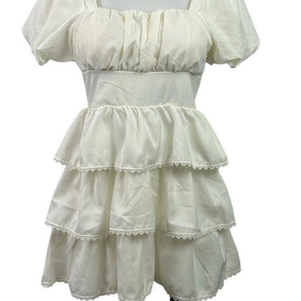 Lan White Ivory Short Puff Sleeve Tiered Lace Ruffle Smocked Romper Shorts S