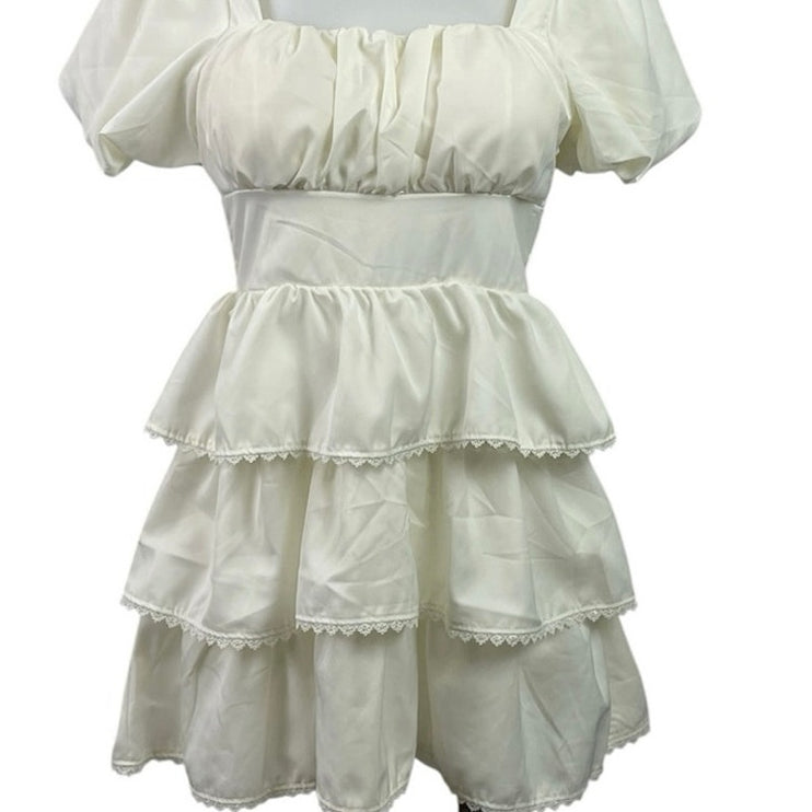 Lan White Ivory Short Puff Sleeve Tiered Lace Ruffle Smocked Romper Shorts S