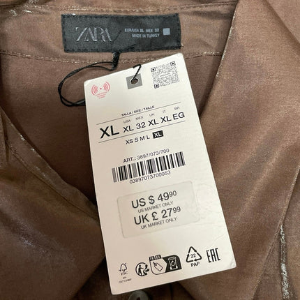 NEW Zara Womens Brown Silky Satin Long Sleeve Button Down Shirt Blouse Top Sz XL
