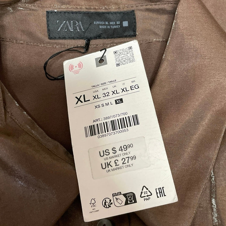 NEW Zara Womens Brown Silky Satin Long Sleeve Button Down Shirt Blouse Top Sz XL