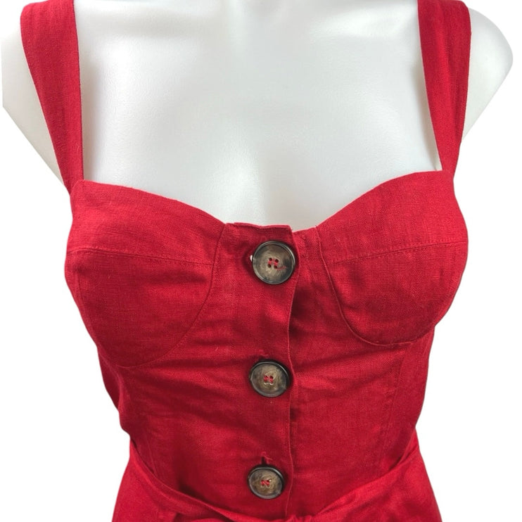 Reformation Red 100% Linen Sweetheart Finn Button Up Tie Waist Mini Dress Size 2