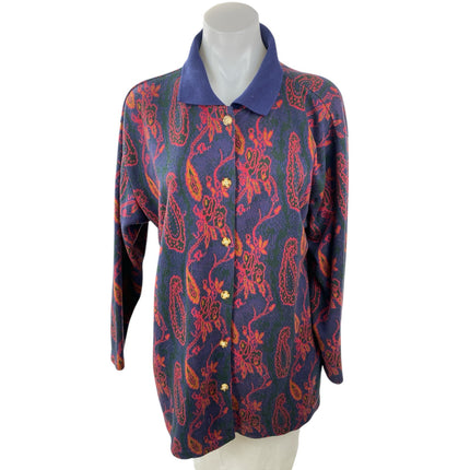 Gitano Women's Blue Red Paisley Floral Knit Long Sleeve Button Down Shirt Top S