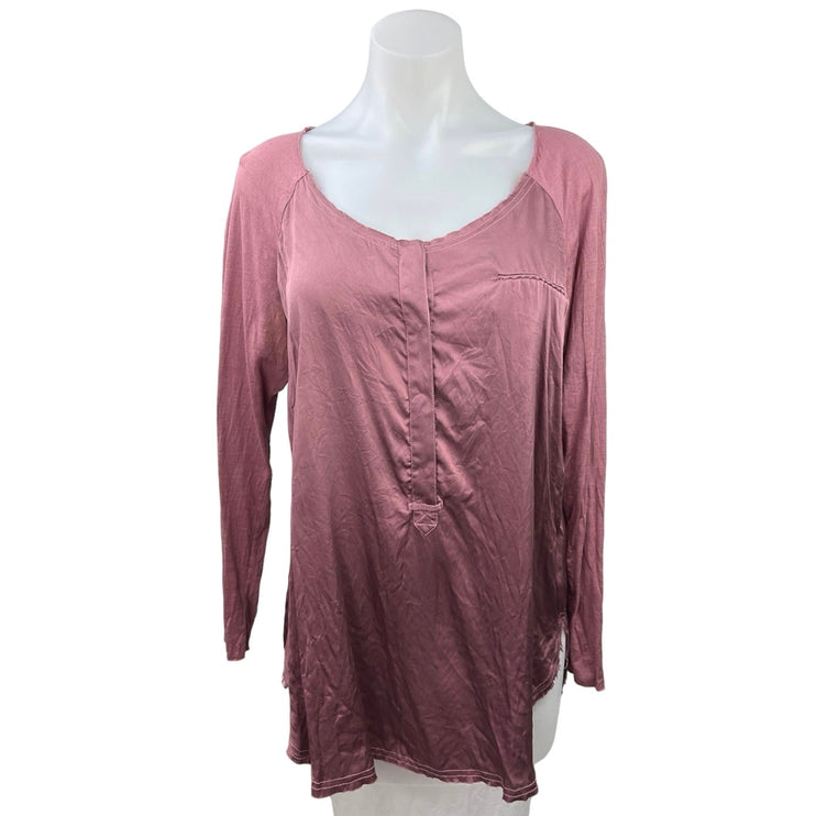 Go Pink 100% Silk Conceal Henley Button Scoop Neck Casual Long Sleeve Top Size M