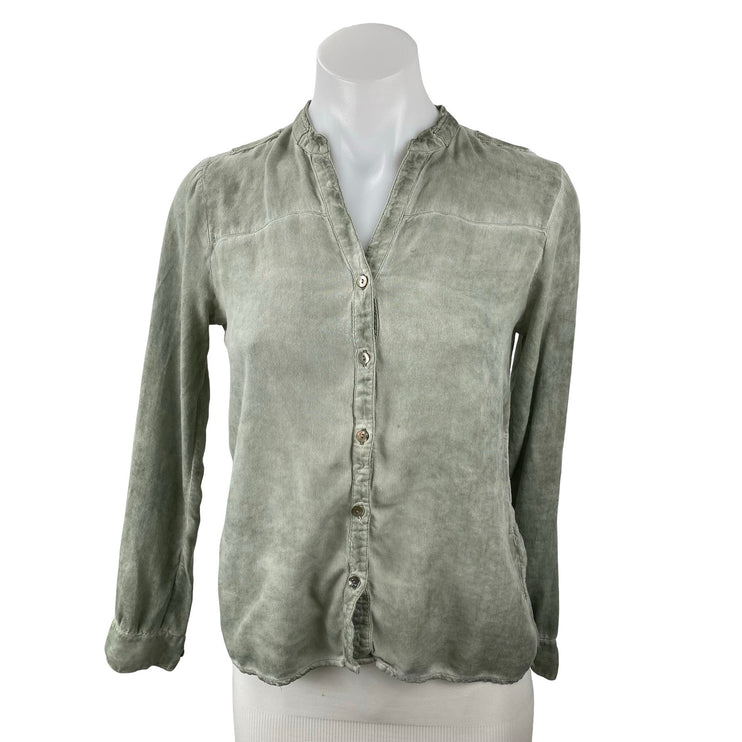 ONLY Women's Green Washed Long Sleeve V Neck Button Down Blouse Shirt Top Size 4