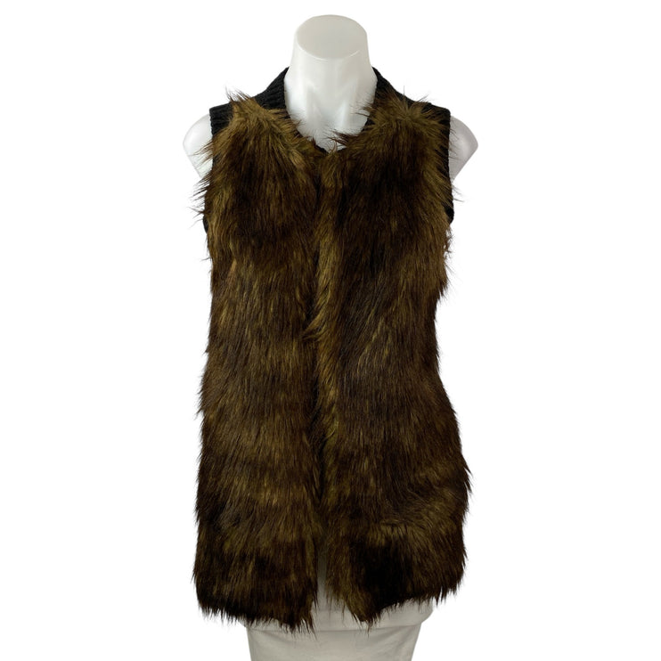 H&M Women's Brown Faux Fur Sleeveless Tunic Sweater Vest Coat Jacket Size XS