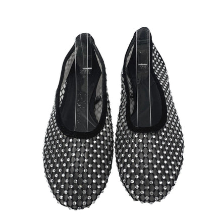 Zara Women's Black Mesh Jeweled Rhinestone Round Toe Slip On Ballet Flats Sz 6.5
