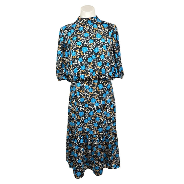 Ann Taylor Black Blue Floral Print Blouson Mock Neck Puff Sleeve Midi Dress Sz 6