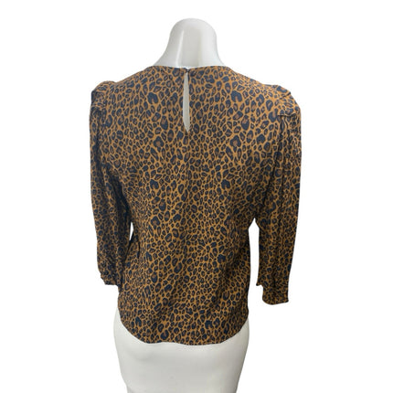 Zara Women's Tan Leopard Animal Long Puff Sleeve Pleated Blouse Top Size XS