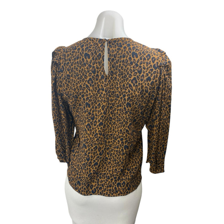 Zara Women's Tan Leopard Animal Long Puff Sleeve Pleated Blouse Top Size XS