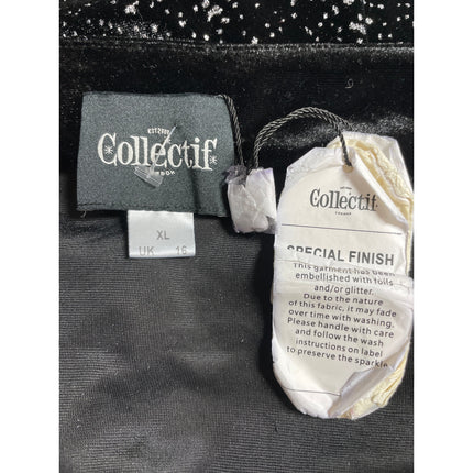 NEW Collectif Black Glitter Velvet Velour Short Sleeve Shirt Blouse Top Size 12