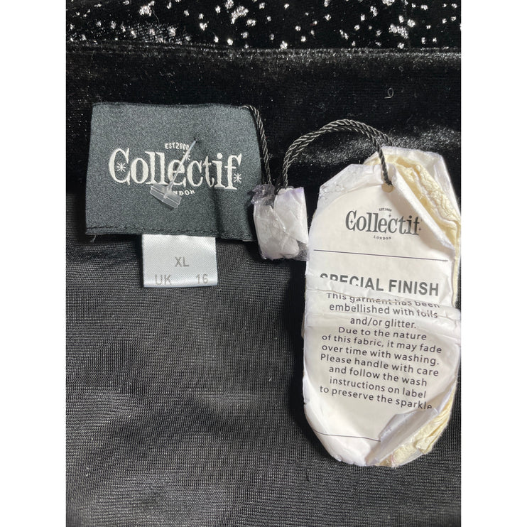 NEW Collectif Black Glitter Velvet Velour Short Sleeve Shirt Blouse Top Size 12