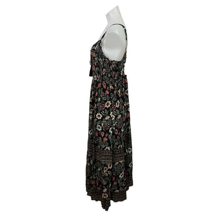 Angie Floral Smocked Tie Front Sweetheart Maxi Cami Tank Flare A-Line Dress Sz M