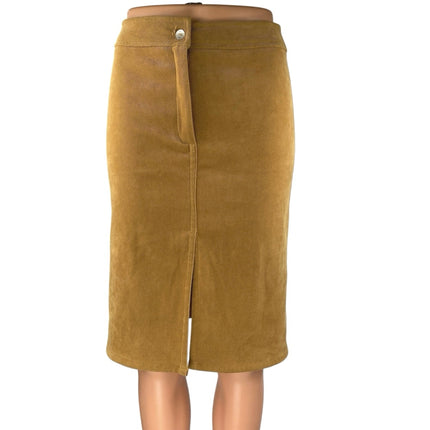 Plum Women's Brown Gold Faux Suede Zipper Slit Knee Length Pencil Skirt Size S