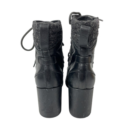 Napoleoni Black Leather Wool Lace Up Round Toe Block Heel Ankle Combat Boots 7