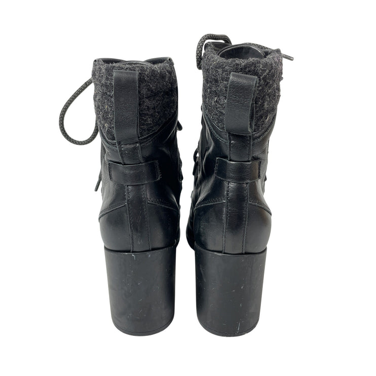 Napoleoni Black Leather Wool Lace Up Round Toe Block Heel Ankle Combat Boots 7