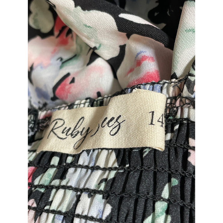 Ruby Sees Women's Black Floral Sleeveless Tiered Smocked A Line Midi Dress 14