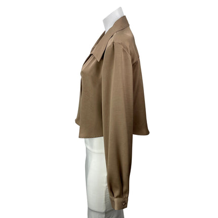 Zara Women's Tan Beige Long Sleeve Cropped Boxy Button Down Shirt Top Size XL
