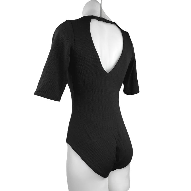 Spanx Pique Shaping Short Sleeve One-Piece Rashguard Swimsuit Bodysuit Top Sz M