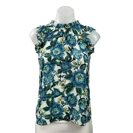 Ann Taylor LOFT Blue Floral Sleeveless Mock Neck Ruffle Tank Blouse Top Size XSP