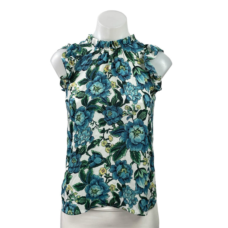 Ann Taylor LOFT Blue Floral Sleeveless Mock Neck Ruffle Tank Blouse Top Size XSP