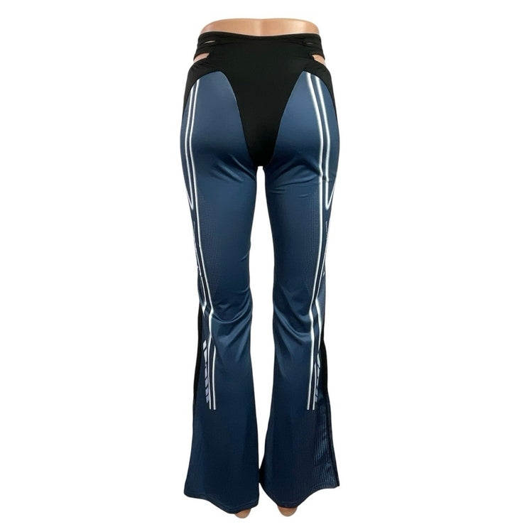 Blue Black Cutout Mid Waist Y2k 90s Flared Tight Colorblock Trousers Pants Sz XS