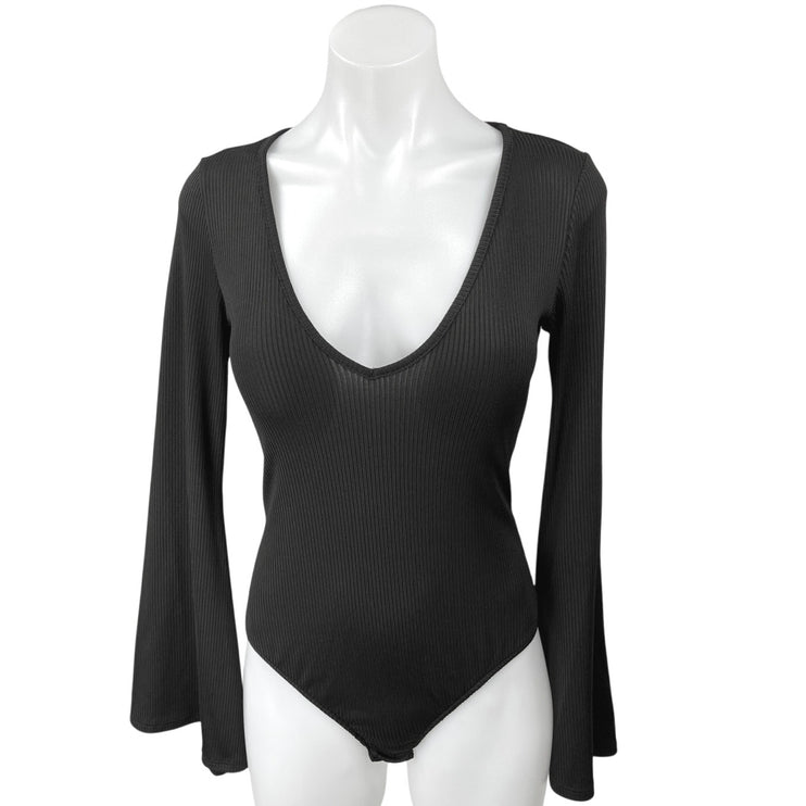 Free People Black Ribbed Scoop Neck Long Bell Sleeve Thong Bodysuit Top Size S