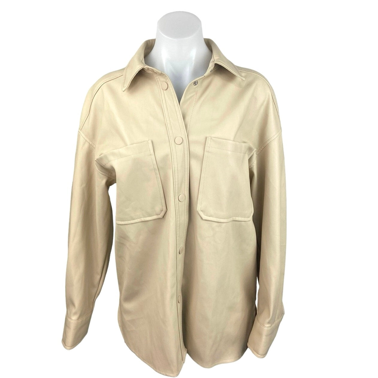 Primark Beige Faux Leather Button Down Long Sleeve Patch Pockets Collared Oversized Shaket Jacket 6 Primark Beige Faux Leather Button Down Long Sleeve Patch Pockets Collared Oversized Shaket Jacket 6