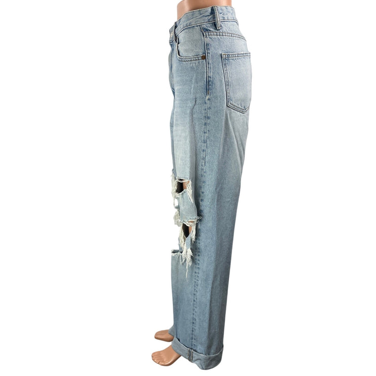 Zara Womens Blue Light Wash Distressed Rip Baggy Wide Leg Denim Jeans Pants Sz 6