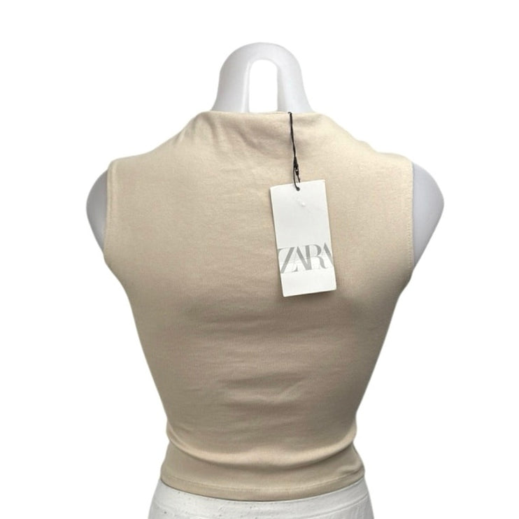 NEW Zara Beige Sleeveless Mock Neck Tank Knit Vest Sweater Crop Top Size S