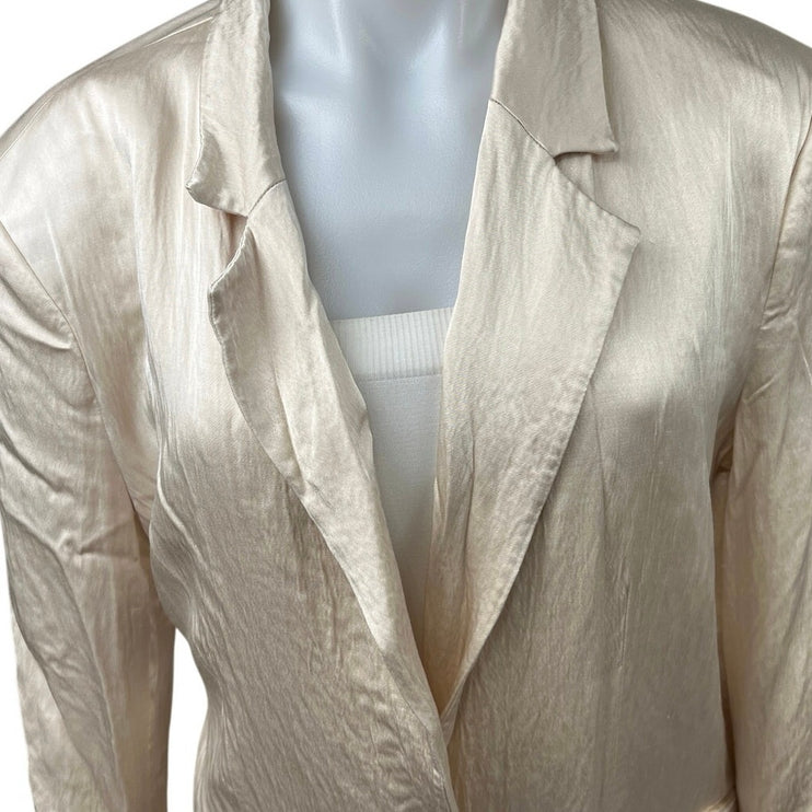 Zara Cream White Silk Satin One Button Notch Collar Blazer Coat Jacket Size XXL