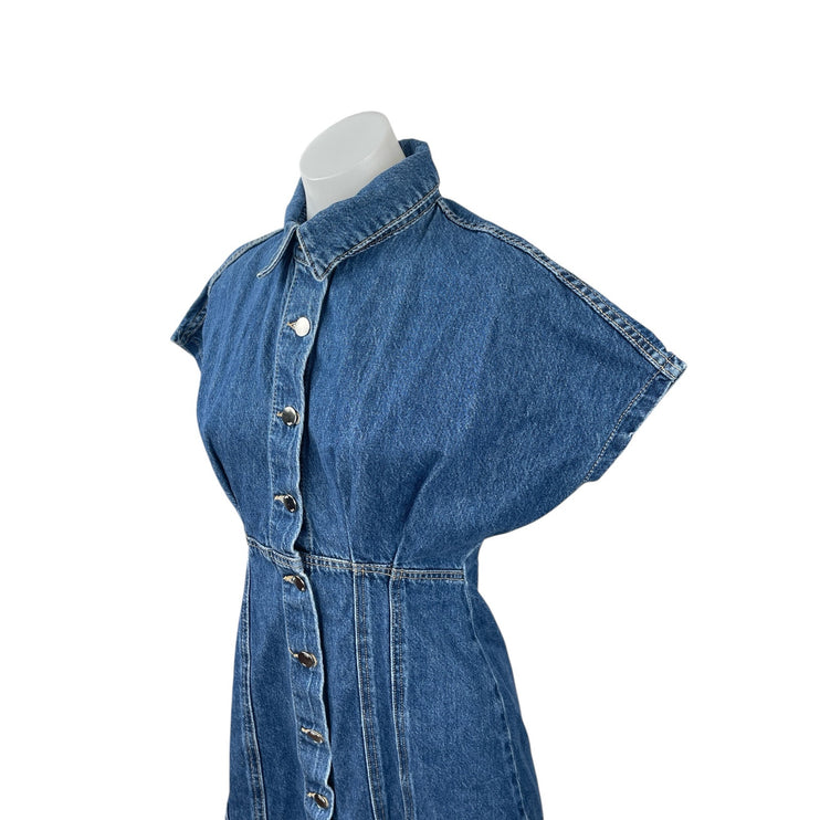 Zara Womens Blue Denim Collared Cap Sleeve Button Down Mini A-Line Shirt Dress M