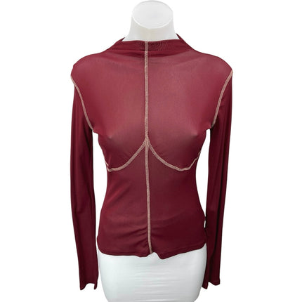 Atoir Women's Red Mock Neck Patchwork Sheer Mesh Stretch Long Sleeve Top Size M