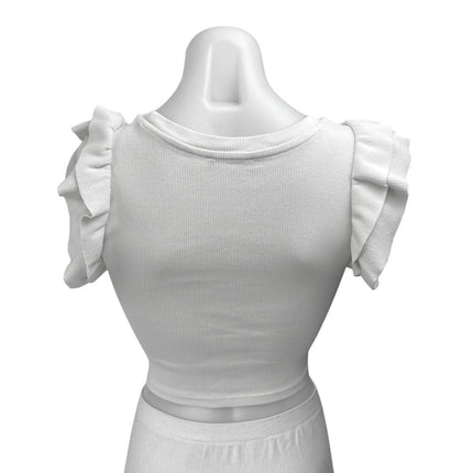 Zara Women's White Ruffle Sleeveless Ribbed Knit Blouse Crewneck Crop Top Size S