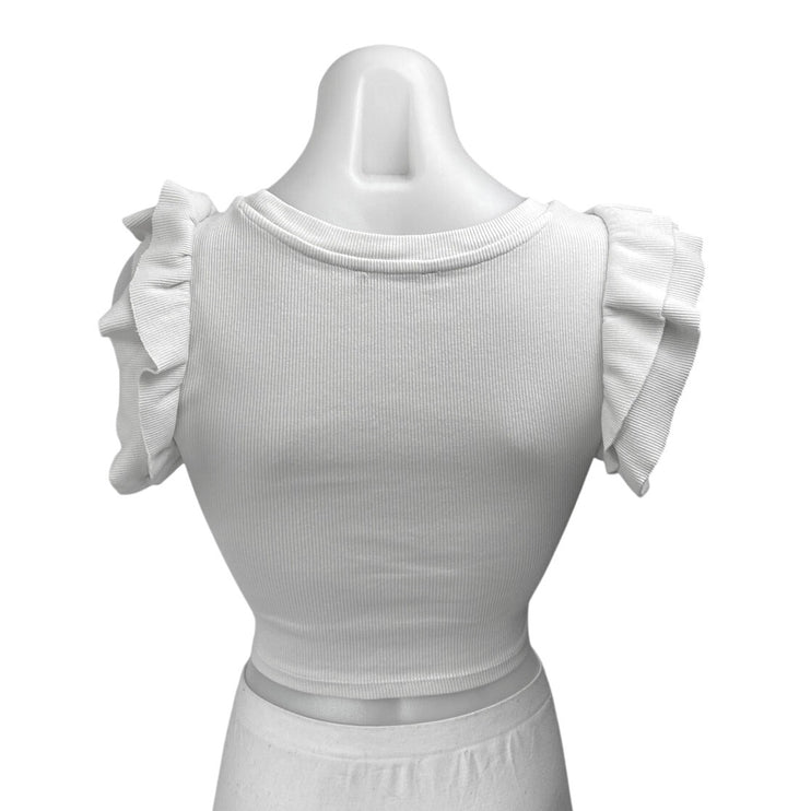 Zara Women's White Ruffle Sleeveless Ribbed Knit Blouse Crewneck Crop Top Size S