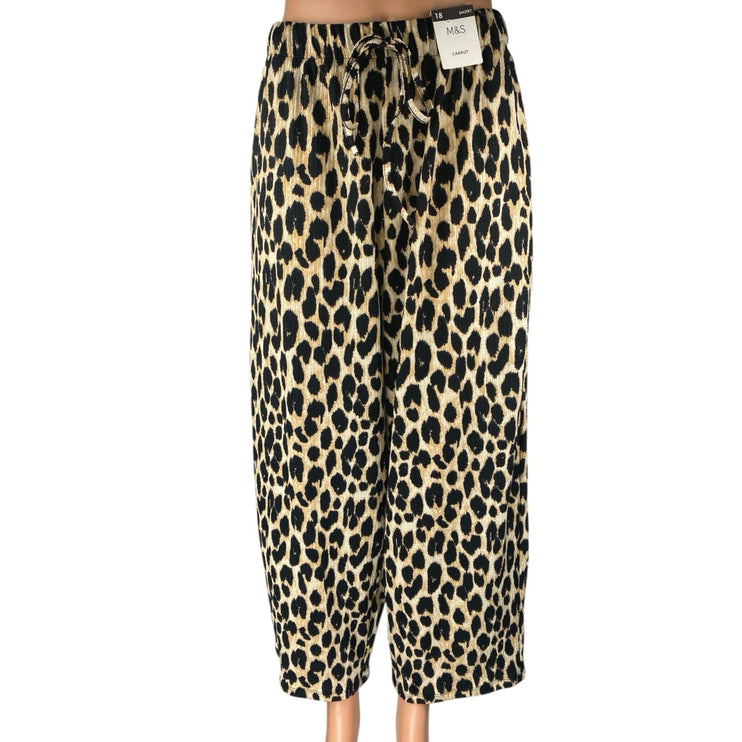 NEW M&S Marks & Spencer Beige Black Leopard Print Wide Leg Trousers Pants Sz 14