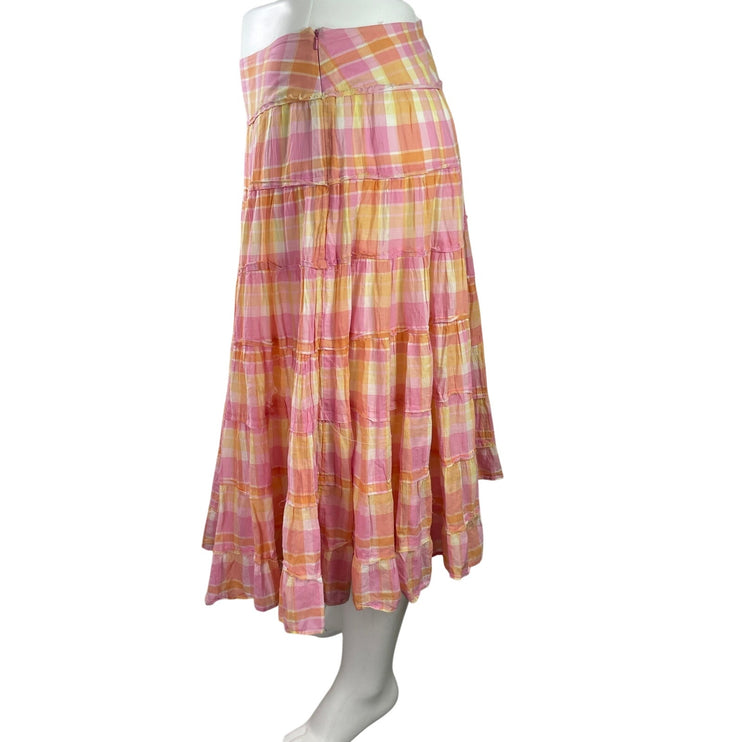 Jones New York Pink Plaid High Waist Tiered Pleated A Line Midi Skirt Size 16