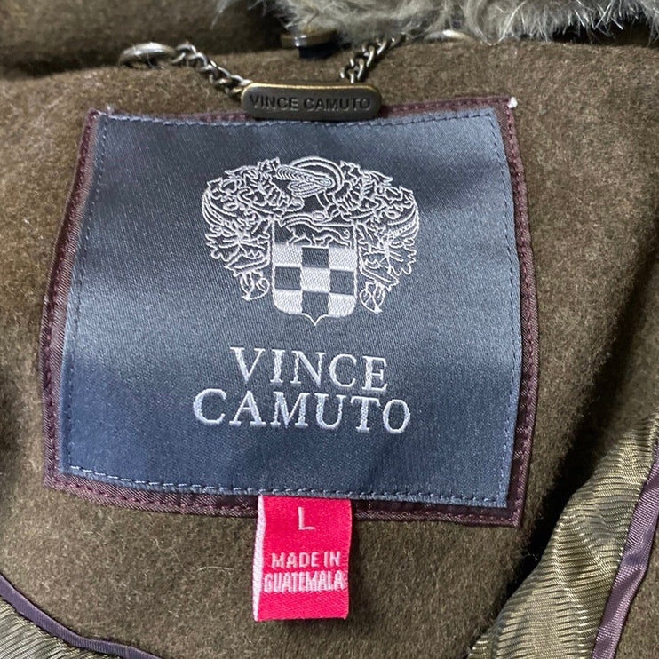 Vince Camuto Olive Green Wool Faux Fur Collar Long Sleeve Trench Coat Jacket L