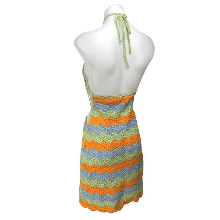 Zara Multicolor Halter Sleeveless Striped Crochet Knit Cutout Mini Dress Size S