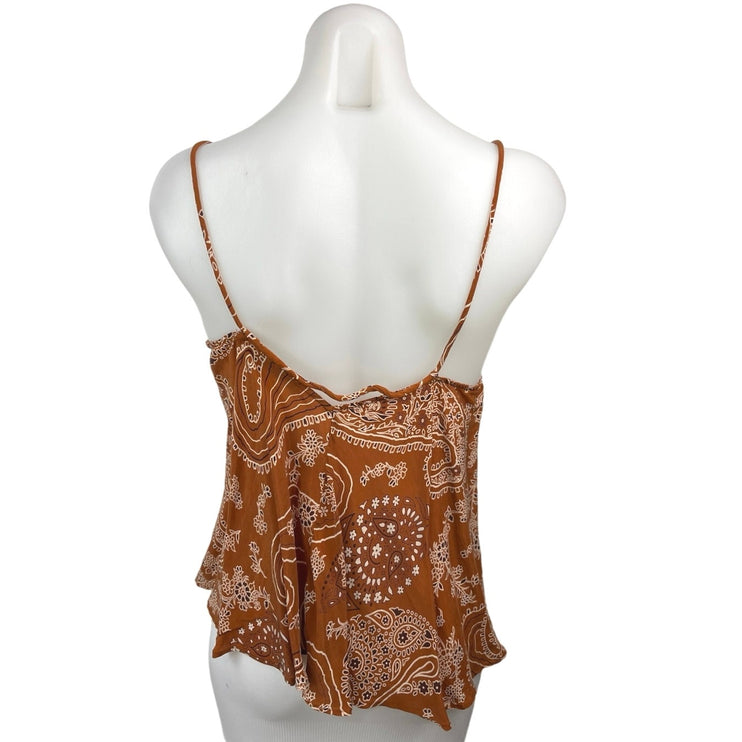 Zara Brown V Neck Boho Festival Pullover Floral Paisley Camisole Tank Top Sz XS