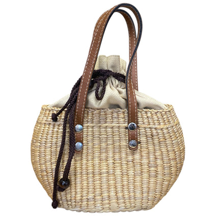 Sea and Grass Inner Drawstring Mini Straw Hyacinth Woven Tote Basket Handbag OS