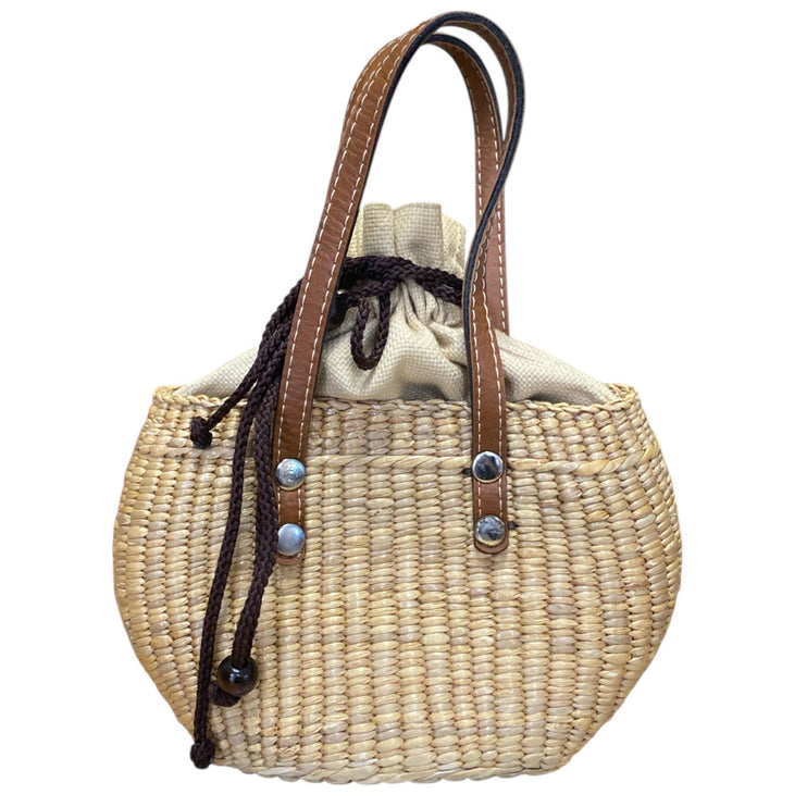 Sea and Grass Inner Drawstring Mini Straw Hyacinth Woven Tote Basket Handbag OS