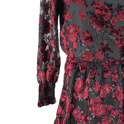 Parker Carmindy Red Black Floral Velvet Burnout Long Sleeve Mini A-Line Dress S
