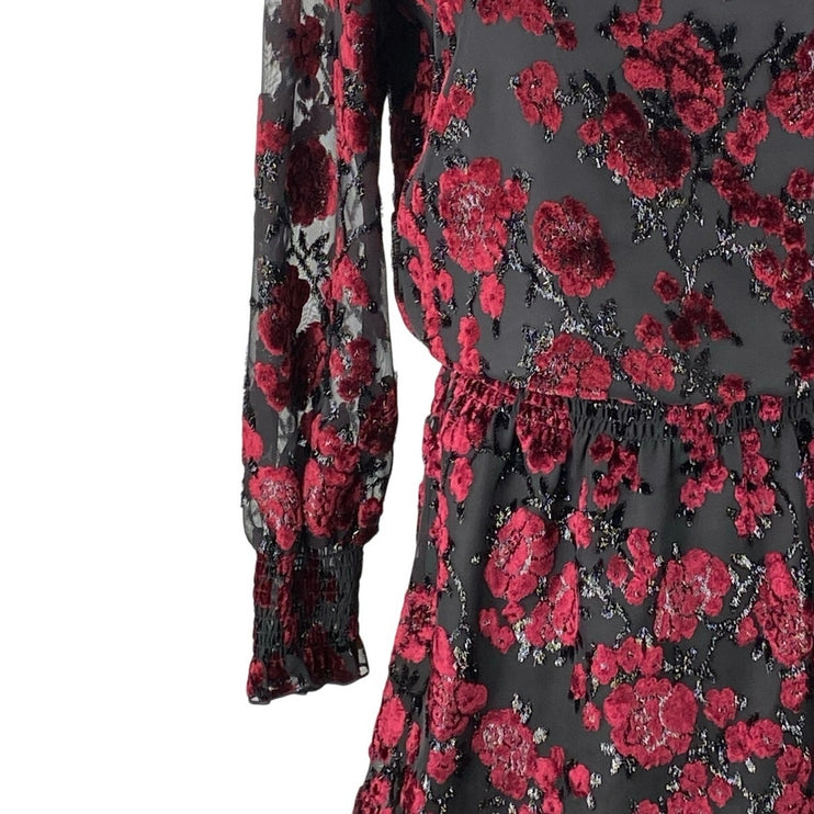Parker Carmindy Red Black Floral Velvet Burnout Long Sleeve Mini A-Line Dress S