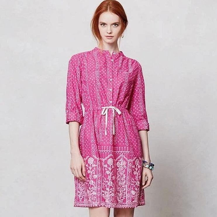 Anthropologie Meadow & Rue Pink Cotton Floral Tie Waist Button Up Shirt Dress 2