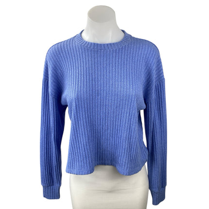 Aritzia Wilfred Free Women Blue Ribbed Knit Long Sleeve Cropped Sweater Top Sz S