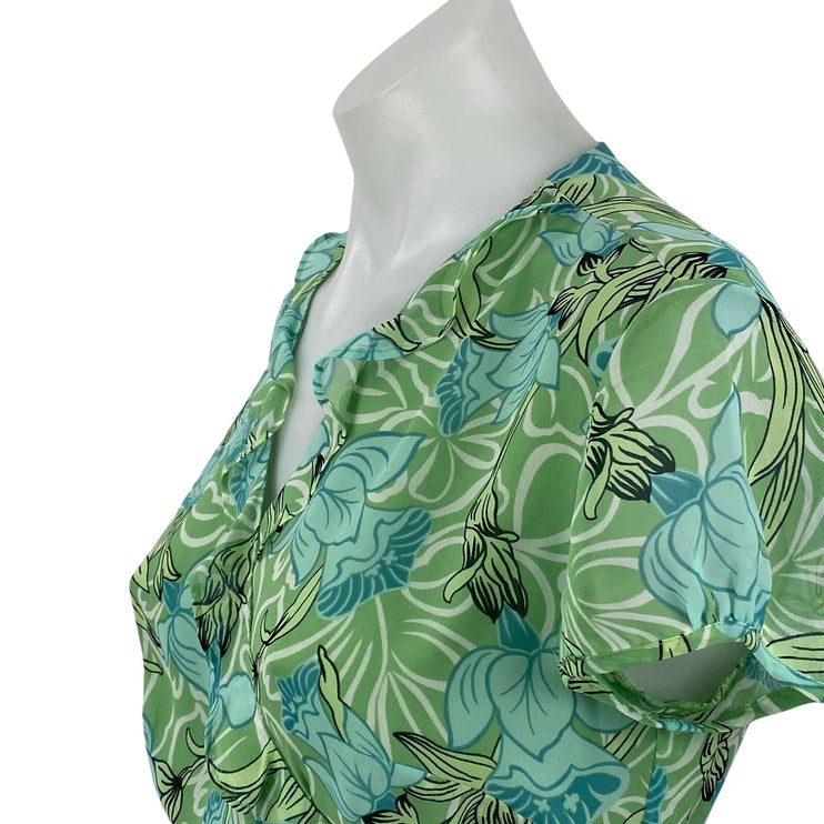 Ann Taylor LOFT Womens Green Floral Ruffle V Neck Short Sleeve Wrap Blouse Top 2