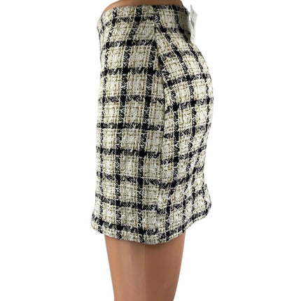 NEW Windsor Ivory Black Gold Metallic Tweed Plaid Mini Pencil Skirt Size S