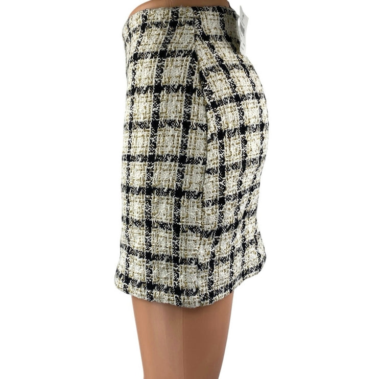 NEW Windsor Ivory Black Gold Metallic Tweed Plaid Mini Pencil Skirt Size S